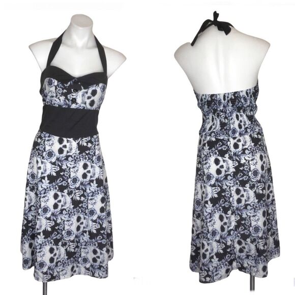 Sugar Skulls Roses Black White Blue Halter Dress Retro Rockabilly Style - Picture 8 of 8